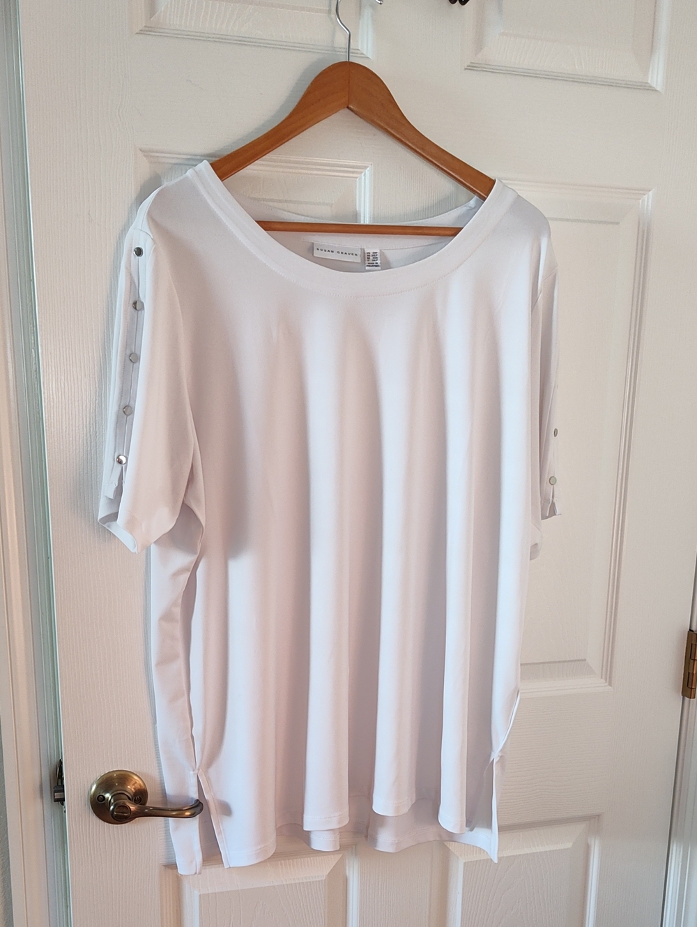 Susan Graver White Short Sleeve Tee with Snap-Trim Sleeves